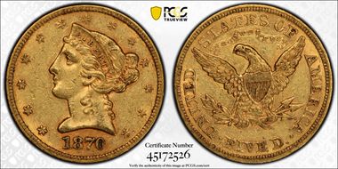 1870 $5 AU55+