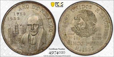1953-Mo 5 Peso Bicentennial of Hidalgo KM-468  Ag MS64