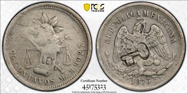 (1872-77) 25C KM-R4.1 C/M on Mex 25C N1