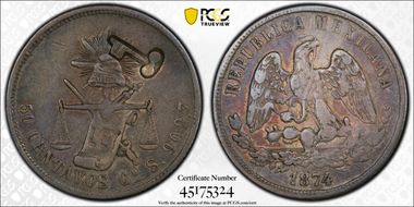(1872-77) 50C KM-R5.1 C/M on Mex 50C XF40