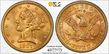 1907 $5 MS64