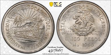 1950-Mo 5 Peso Southeastern Railroad KM-466  Ag MS64