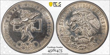 1968-Mo 25 Peso Olympic KM-479.1 Rings Align, Straight Tongue N1