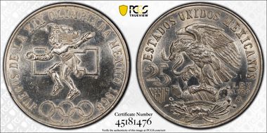 1968-Mo 25 Peso Olympic KM-479.1 Rings Align, Straight Tongue N1