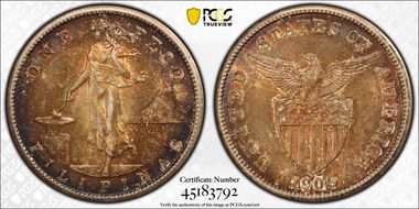 1909-S Peso KM-172  Ag AU58