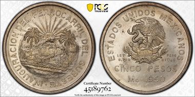 1950-Mo 5 Peso Southeastern Railroad KM-466  Ag MS65