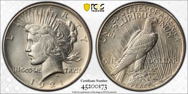 1921 $1 High Relief, Peace MS62