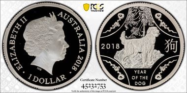 2018 $1 Year of the Dog 25mm Ag PR69DCAM