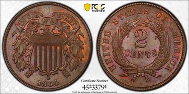 1864 2C Large Motto MS63BN