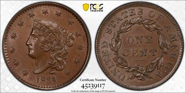 1834 1C Lg 8, Sm Stars, Med Let MS64BN