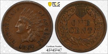 1864 1C L on Ribbon AU50BN