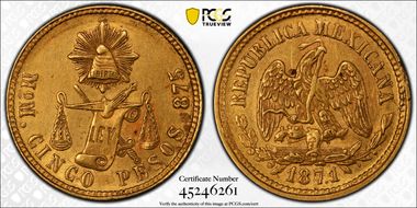 1871-Mo M 5 Peso AU58