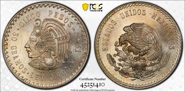 1948-Mo 5 Peso Cuauhtemoc KM-465  Ag MS65