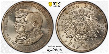 1909 5 Mk Leipzig Univ. J-139 MS65