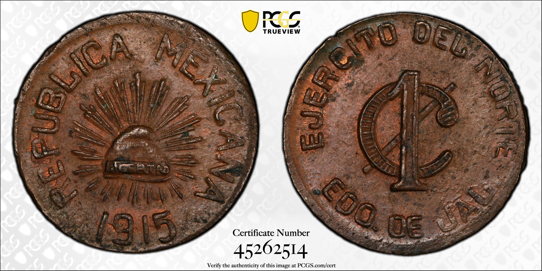 PCGS 钱币信息| 认证编号#45262514 - 1915 Mex-Jalisco 1C