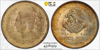 1951-Mo 5 Peso Hildago KM-467  Ag MS64