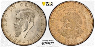 1959-Mo 5 Peso Carranza KM-471  Ag MS63