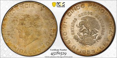 1956-Mo 5 Peso Hidalgo KM-469  Ag MS64