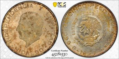 1957-Mo 5 Peso Hidalgo KM-469  Ag MS63