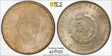 1955-Mo 5 Peso KM-469  Ag MS64
