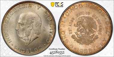 1956-Mo 5 Peso Hidalgo KM-469  Ag MS65