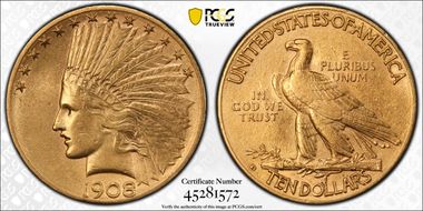 1908-D $10 Motto AU58