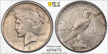 1921 $1 High Relief, Peace AU58