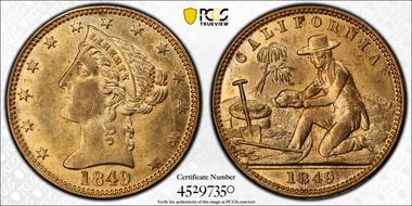 (1849) Tkn $5 California Brass Counter MS62