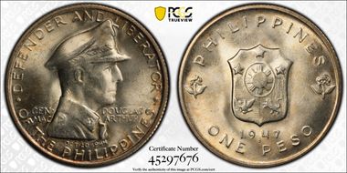 1947-S Peso Douglas MacArthur KM-185  Ag MS66
