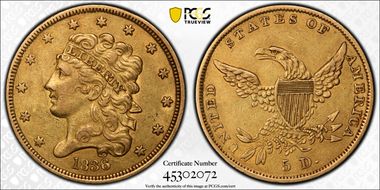 1836 $5 AU50
