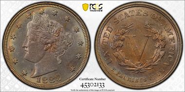 1883 5C No CENTS AU58+