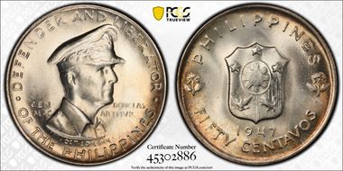 1947-S 50C Douglas MacArthur KM-184  Ag MS65