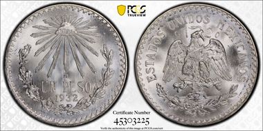 1932-M Peso KM-455  Ag Open 9 MS67