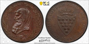 1791 Tk 1/2D DH-2 Cornwall, County MS63BN