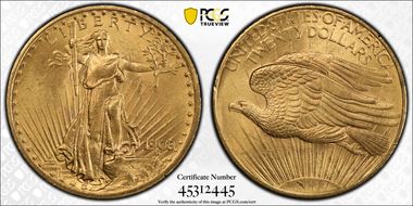 1908 $20 No Motto MS64