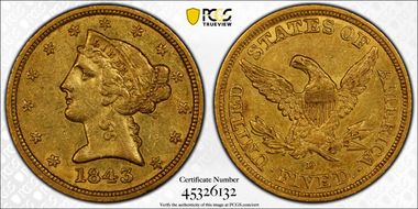 1843-D $5 Small D AU58