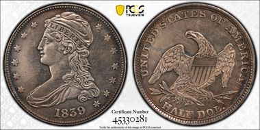 1839 50C Capped Bust N1