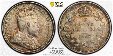 1907 5C Narrow Date Low 7 AU58