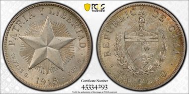 1915 Peso High Relief KM-15.1 AU58