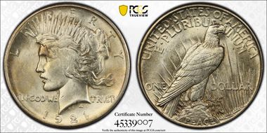 1921 $1 High Relief, Peace MS61