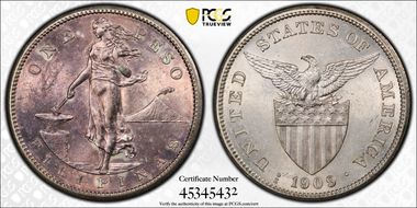 1909-S Peso KM-172  Ag AU58