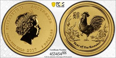 2017-P $5 Year of the Rooster 1/20oz Au MS70