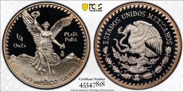 1992-Mo 1/4 oz Libertad Ag PR69DCAM