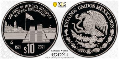 2021-Mo 10 Peso Fall of Tenochtitlan 500th Ann. PR69DCAM