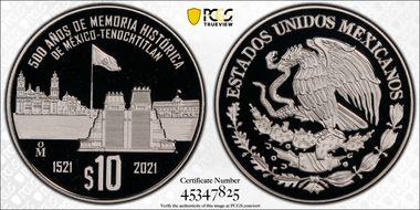 2021-Mo 10 Peso Fall of Tenochtitlan 500th Ann. PR69DCAM
