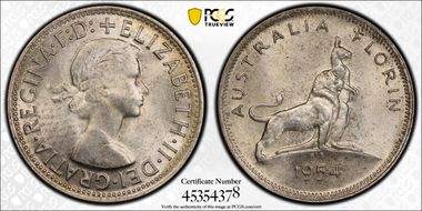 1954(m) Florin Royal Visit KM-55  Ag MS63
