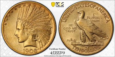 1908 $10 Motto AU53