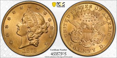 1873 $20 Open 3 AU58