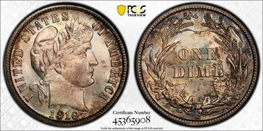 1916-S 10C Barber MS67