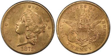 1875-S $20 AU58+